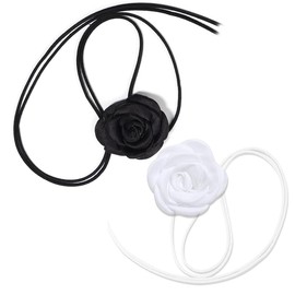 Queerelele Pack of 2 Flower Choker Necklace Rose Collar Vintage Large Flower Choker Bow Flower Lacing Necklace Rose Choker for Women Girls Bridal Wedding Party Birthday (Black White), Fabric