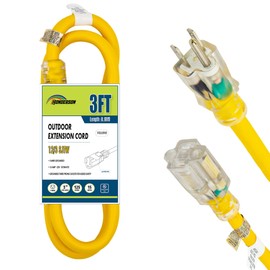 HONDERSON 3FT 12/3 Lighted Extension Cord - 12 Gauge SJTW Heavy Duty Yellow Extension Cable with 3 Prong Grounded Plug for Safety,UL Listed