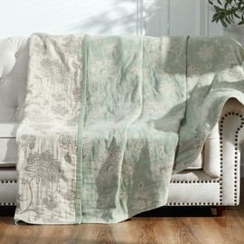 jinchan Boho 100% Cotton Muslin Queen Size 80x90 Inches Blanket Lightweight 4-Layer Quilted Soft Green and Beige Floral Throw Blanket Reversible Comfy Flower Rustic All Seasons Couch Bedroom Decor