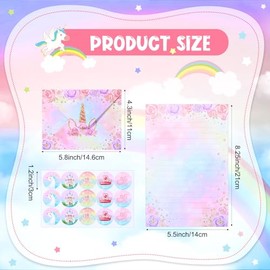 Outus Juego de 160 piezas de papelería de unicornio arcoíris, 50 papeles de escritura de unicornio con 50 sobres y 60 calcomanías redondas, papel de p