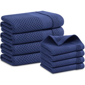 Homaxy Kitchen Towels and Dishcloths Set, 12 x 12 and 13 x 28 Inches, Set of 8 100% Cotton Waffle Weave Kitchen Towels, Super Soft and Absorbent Dish Cloths, Navy Blue