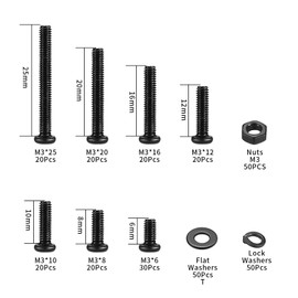 XxinXrong M3 Flat Head Screws and Nuts Washers Assortment Set, Black Pan Head Screws Stainless Steel, Hex Socket Screws, Machine Screws and Washers Pack of 300