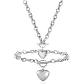 MYNENEY 14K Gold Initial Chain Bracelet for Women Stainless Steel Toggle Chain Jewelry Set (Silver)