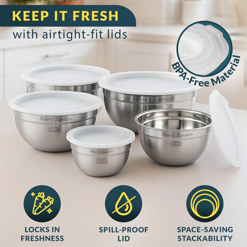 Baker's Signature Stainless Steel Mixing Bowls With Lid, Metal Mixing