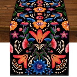Nepnuser Linen Mexican Fiesta Table Runner Cinco de Mayo Mexico Dia De Los Muertos Party Decoration Home Dining Room Kitchen Altar Decor-72inches
