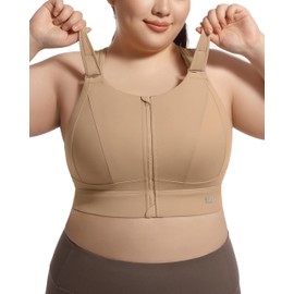VFUS Sports Bra Adjustable Zip Front High Impact for Women Full Coverage Removable Padded Workout Running (Large Plus, Light Khaki)