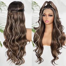 BABEHERS Brown Lace Front Wig for Women 13x4 Body Wave Synthetic Wig Highlight Pre-plucked Long Wavy Wig 150% Density Heat Resistant Hair Replacement Wigs 26inch