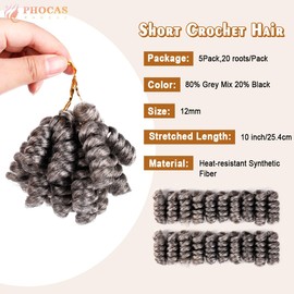 PHOCAS 5 Packs Curly Crochet Hair,Curl Short Crochet Hair 10 Inch 20roots/Pack,Curly Hair Extensions (Gray)
