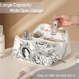Travel Makeup Bag，Flower Wide Open Cosmetic Bag，Makeup Organizer with Dividers and Handle，Large Capacity Waterproof Toiletry Bags，Portable Cosmetic Storage Bag Sweet Gift for Mother Girl Lady (White)
