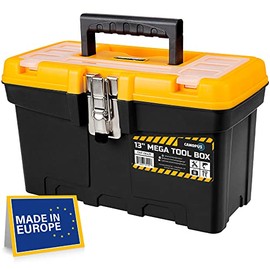 CANOPUS Plastic Toolbox, 13-inch Portable Mega Tool Box with Metallic Clutch, Tool Organizer with Extra Storage Tray for Home Tools, Nails and Pins, Black-Yellow