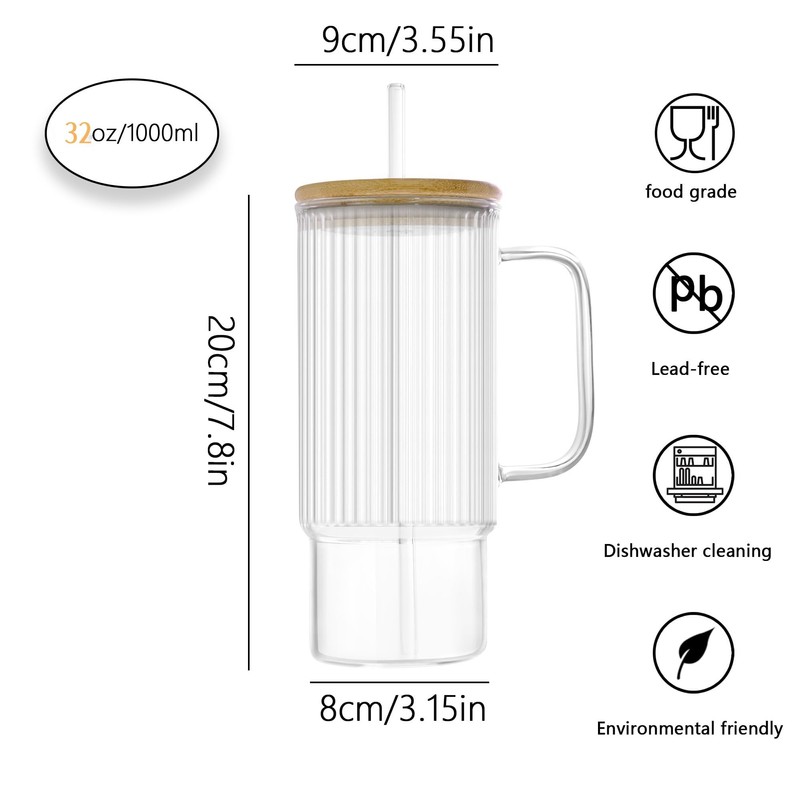 erichbow 32oz Ribbed Glass Cup with Handle Bamboo Lid and