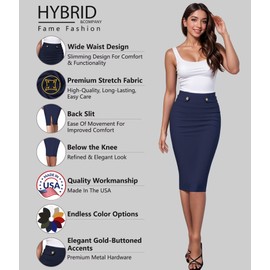 Hybrid & Company Womens Pencil Skirt Premium Nylon Ponte Stretch Office Made in The USA Below Knee Navy