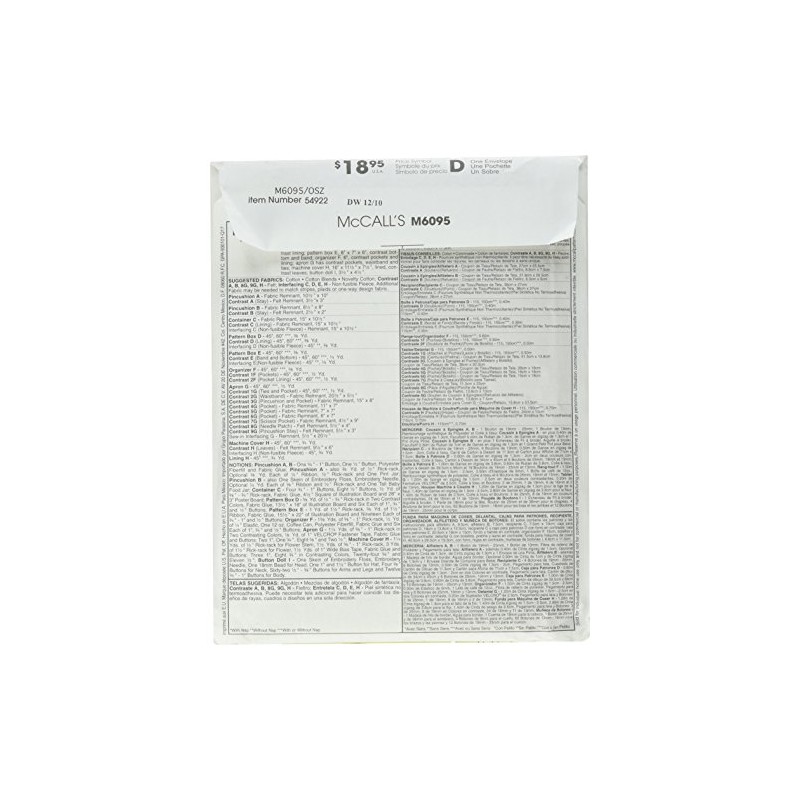 McCall's Patterns M6095 Sewing Machine Cover, Apron, Pattern Boxes, Container,