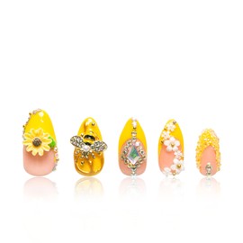 LOVFUL Press on Nails Honey Bee Yellow | Handmade with Full Covered Crystals | Reusable Fake Nails | Almond Regular 1.0 in | H101-S