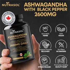 Organic Ashwagandha with Black Pepper | 2600mg Daily Dose | Resistance to Stress | Increases Energy Level | Supports Memory Enhancement (120)