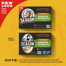 Season Brisling Sprats in Extra Virgin Olive Oil - Lightly Smoked, Wild Caught, 15g of Protein, Keto Snacks, More Omega 3's Than Tuna, Kosher, High in Calcium, Canned Sardines - 3.88 Oz Tins, 6-Pack