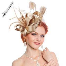 Ladies Fascinators and Hats for Wedding, Womens Mesh Flower Feather Fascinator Headband, Wedding Bride Hats, Tea Party Costume Headwear Accessories for Birthday Bachelor Anniversary Prom(Gold)