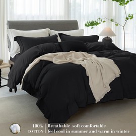 ELIMMO Cooling Full Duvet Cover Set 3 Pieces-100% Washed Cotton with Chic Wide Trim Design Linen Like Textured Ultra Soft Cozy Bedding with Zipper Closure(Hemmed Solid Black,Full 80"x90")