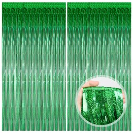 O-Kinee Tinsel Curtains, Green Glitter, Pack of 2 Metallic Glitter Curtain Fringe 1 m x 2 m, Glitter Tinsel Curtain, Foil Fringe Curtain for Christmas Tree, Birthdays, Festivals, Party, Stage