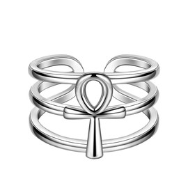 beautlace Ankh Cross Rings Adjustable Ring Silver Plated Erected Ankh Cross Open Ring for Men and Women KR0009W