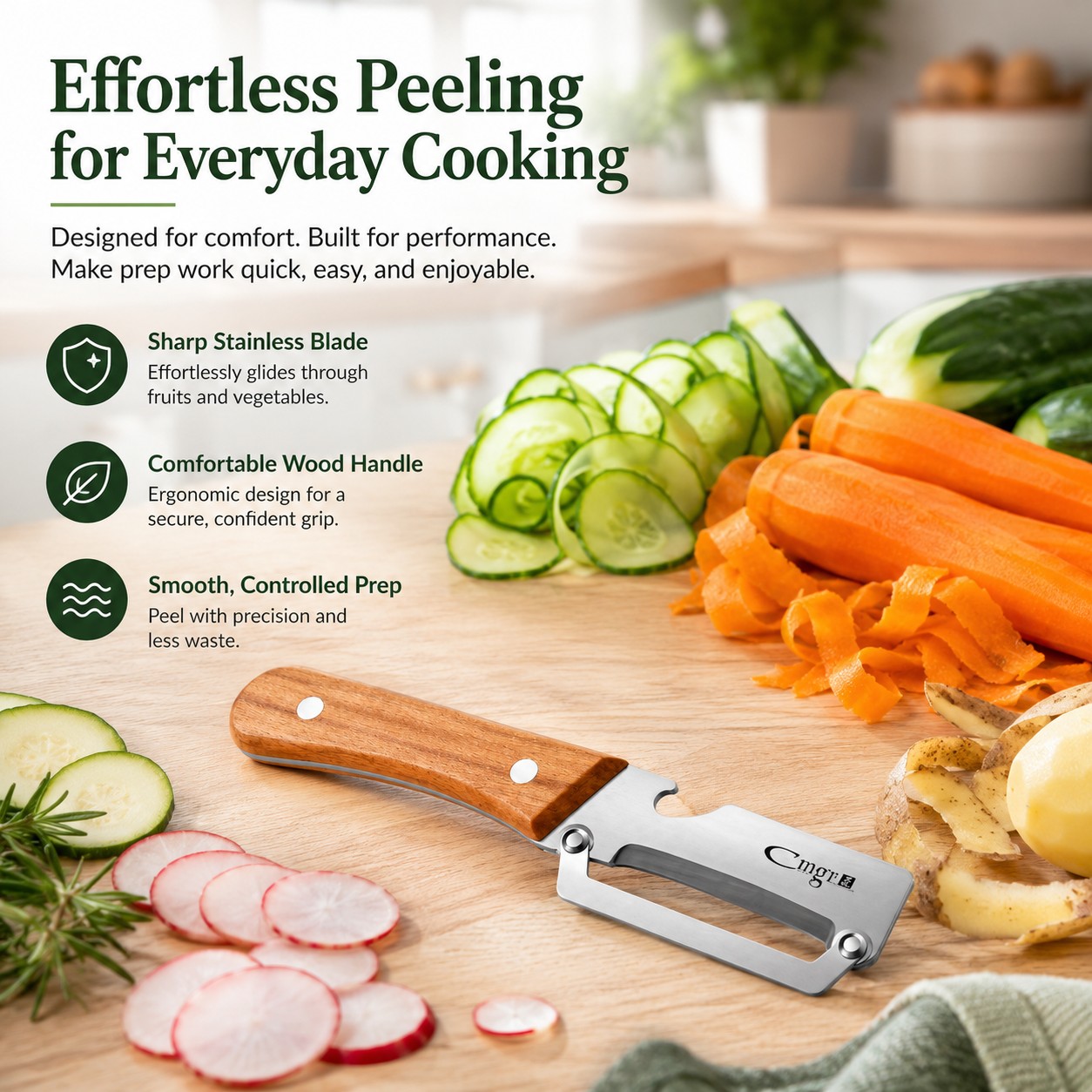 Stainless Steel Vegetable Peeler with Wooden Handle – 2-in-1 Kitchen Peeler & Bottle Opener