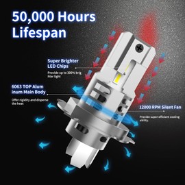 H4 Bulbs, 9003/HB2 Fog Light, 6000K Cool White, Plug and Play, IP67, Pack of 2