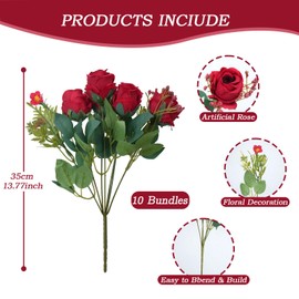 MHMJON 10 Bunches Artificial Roses, Red Fake Silk Flowers for Indoor Home Decoration Bedroom Kitchen Office Wedding Spring Summer Floral Centerpieces for Tables