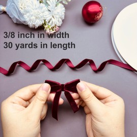 Burgundy Velvet Ribbon for Gift Wrapping Christmas Tree Ornaments, 3/8"×30 Yards Vintage Wine Velvet Christmas Ribbon Skinny Fabric Ribbon Trim for Hair Bows, Crafting, Wedding Invitations
