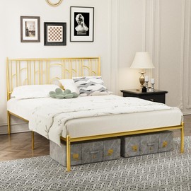 LUMISOL Metal Queen Platform Bed Frame with Iron-Art Headboard, Modern Bed Frame with Under Bed Storage Space, Gold