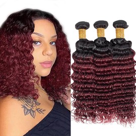 1B99J Burgundy Bundle Ombre Red Loose Deep Wave Human Hair Bundles Two Tone Black and Wine Red Bundles Human Hair 12 14 16 Inch