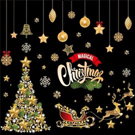 Tongke Christmas Decorations Window Clings, Christmas Window Stickers Double-Sided with Festive Tree, Ornaments, Snowflakes Reindeer (Golden)