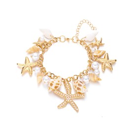MMIUAEG Shell Starfish Bracelet Seahorse Conch Starfish Sea Shell Pearls Charm Stone Bracelet Statement Bohemian Sea Themed Beach Jewelry for Women (Gold)