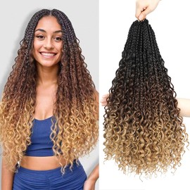 Goddess Box Braids Crochet Hair 8 Packs Pre-looped Boho Box Braids Braiding Hair With Curly Ends Synthetic Braiding Hair Extensions for Women (1B/30/27, 18inch)