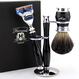 Shaving Set with 5 Edge Razor Real Badger Brush Dual Stand for Brush and Razor