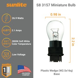 Sunlite S8 3157 Miniature Bulb, 26.9W, 12.8V, C-6 Filament, 2.1A, Plastic Wedge W2.5x16q Base, Clear Finish, 2800K Soft White, For Under Cabinet Lighting and Signage Lighting, 10 Pack