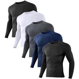 Dalavch 5 Pack Men's Compression Shirts Long Sleeve Athletic Workout Sports Undershirt Base Layer Top for Winter 2 Black 1 White 1 Gray 1 Blue Large