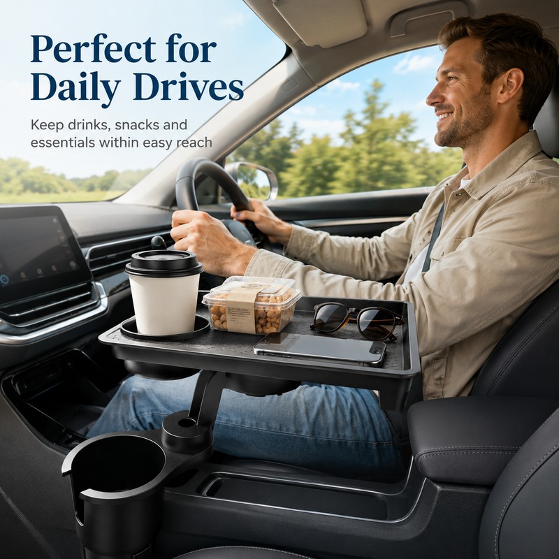 Car Cup Holder Expander with Food Tray – 360° Adjustable