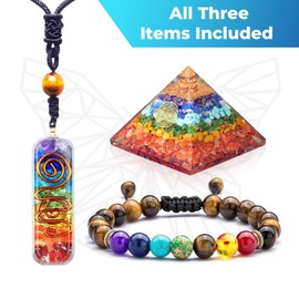 M&N Jewelry Designs Healing Crystals Necklace - 7 Healing Energy Chakra Crystals, Natural Tiger Eye, Rose Quartz, Adjustable (Orgone Pyramid, Chakra Necklace, Tiger Eye Bracelet)