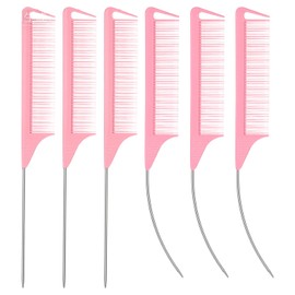 MBAIYO 6 Pcs Rat Tail Combs, Pink C Curved and Straight Combs for Parting Braiding Sectioning Hair, Metal Rattail Comb for Women Barber Hair Styling Tools
