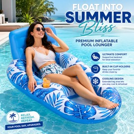 Inflatable Pool Lounger Float for Adults – PVC Floating Chair with Backrest, Footrest & Cup Holders