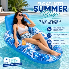 Inflatable Pool Lounger Float for Adults – PVC Floating Chair with Backrest, Footrest & Cup Holders