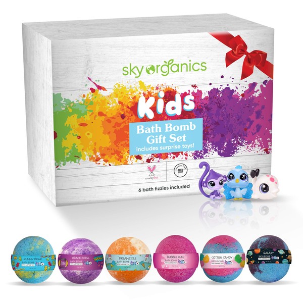 Kids Bath Bombs Gift Set with Surprise Toys, 6x5oz Fun Assorted Colored XL Bath Fizzies, Kid Safe, Gender Neutral with Natural Essential Oils -Handmade in The USA Bubble Bath Fizzy