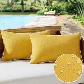 MIULEE Pack of 2 Outdoor Waterproof Throw Pillow Covers Decorative Farmhouse Linen Pillow Covers Solid Color Couch Pillow Covers for Patio Tent Bed Balcony Couch Sofa Living Room 12x20 Inch Yellow