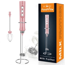 FoodVille MF02 Rechargeable Milk Frother Handheld Foam Maker with Stainless Whisk for Cappuccino, Latte, Bulletproof Coffee, Keto Diet, Protein Powder, Matcha (Coral Pink)