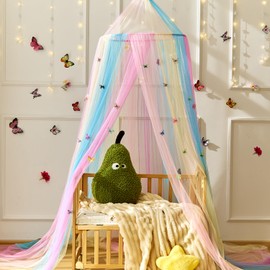Wnqou Regenbogenbett Vordach mit Schmetterlingen für Mädchen,Atemaktiver Vordach für Bett,Prinzessin Spielzelt für Kinder Zimmer Lese Nook