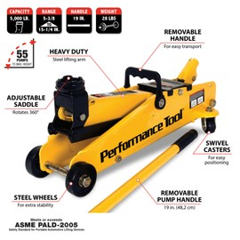 Performance Tool W1640 2-1/2 Ton Garage Jack, (5,000 lbs.) 5-15.5-Inch Lift, Swivel Casters, For Cars/Trucks