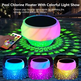 2025 Upgrade Solar Pool Chlorine Floater, Swimming Pool Chlorine Tablet Floater with Colorful Light, Floating Chlorine Dispenser for Pool Fits 4×3inch Tablets, Adjustable Flow Pool Tablet Holder