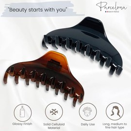 Parcelona Pinzas para el cabello de acetato de celuloide con mordaza de resorte ajustada para cabello fino, fabricadas en Francia (color concha y negr