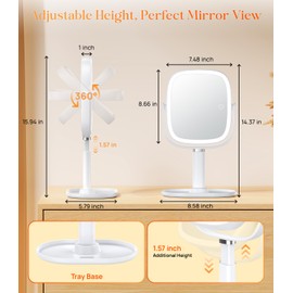Gospire Lighted Makeup Mirror with Lights and Magnification 1X/10X, Tray Base and Height Adjustable for Desk, 4000mAh Rechargeable Battery, 3 Color Lights＆Memory Function for Bedroom - White