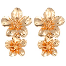Sibba Gold Double Flower Earrings Large Floral Statement Stud Earrings for Women Dainty Flower Dangle Boho Drop Earring Summer Trendy Ear Rings Big Stud Earring Jewelry for Mother Girlfriend Sister